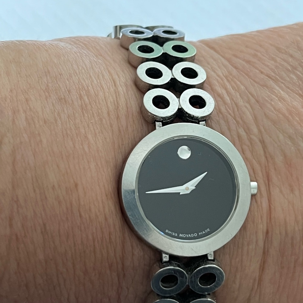 Movado Black and Silver Watch with Geometric Bracelet